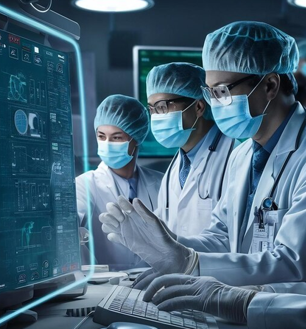 Collage of 2 images. First image is of 2 professionals standing and looking into a tablet. Second image is of multiple professionals working on their machines. Collage of 2 images. First image is of 2 professionals standing and looking into a tablet. Second image is of multiple professionals working on their machines.